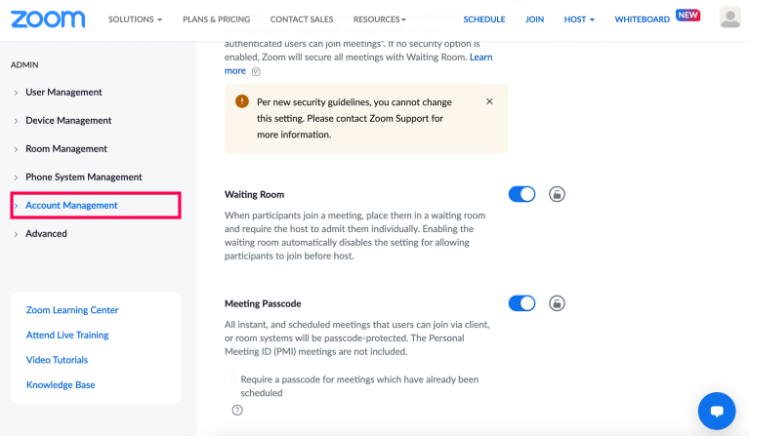 Account management in zoom